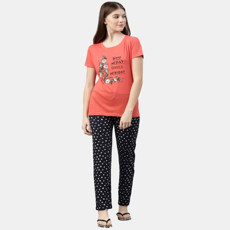 Kryptic Women Coral & Black Printed Pure Cotton Night Suit (Set of 2) (2XL)