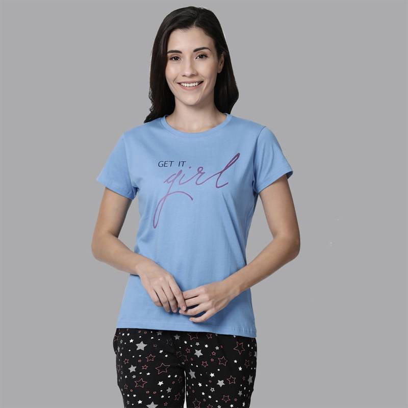 Kryptic 100 Percent Cotton Lounge T-Shirt for Women Blue (2XL)