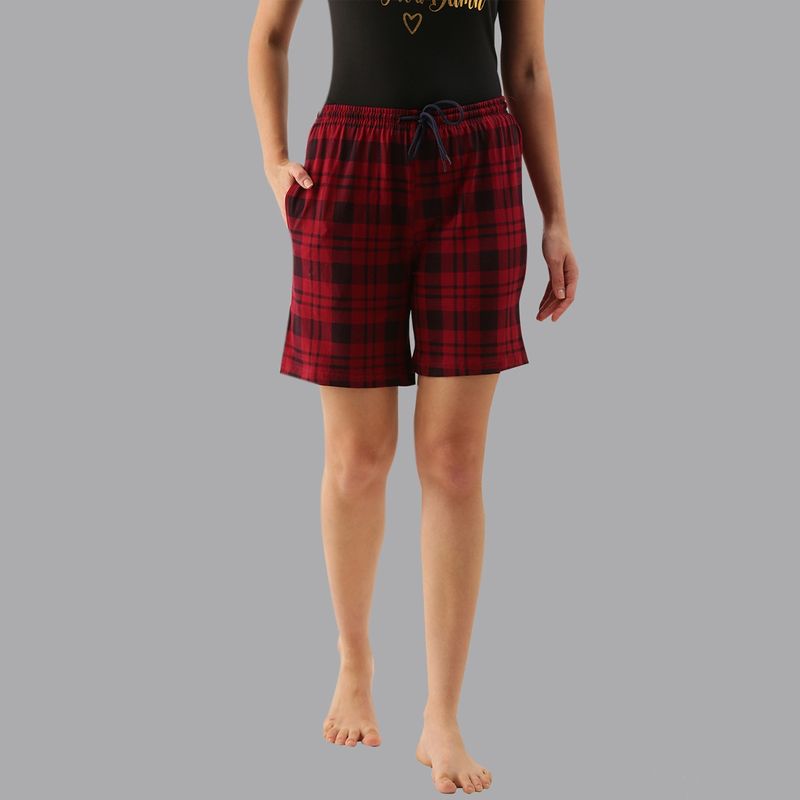 Kryptic Maroon Lounge Shorts for Women, Has A Checked Pattern, Cotton Fabric (S)