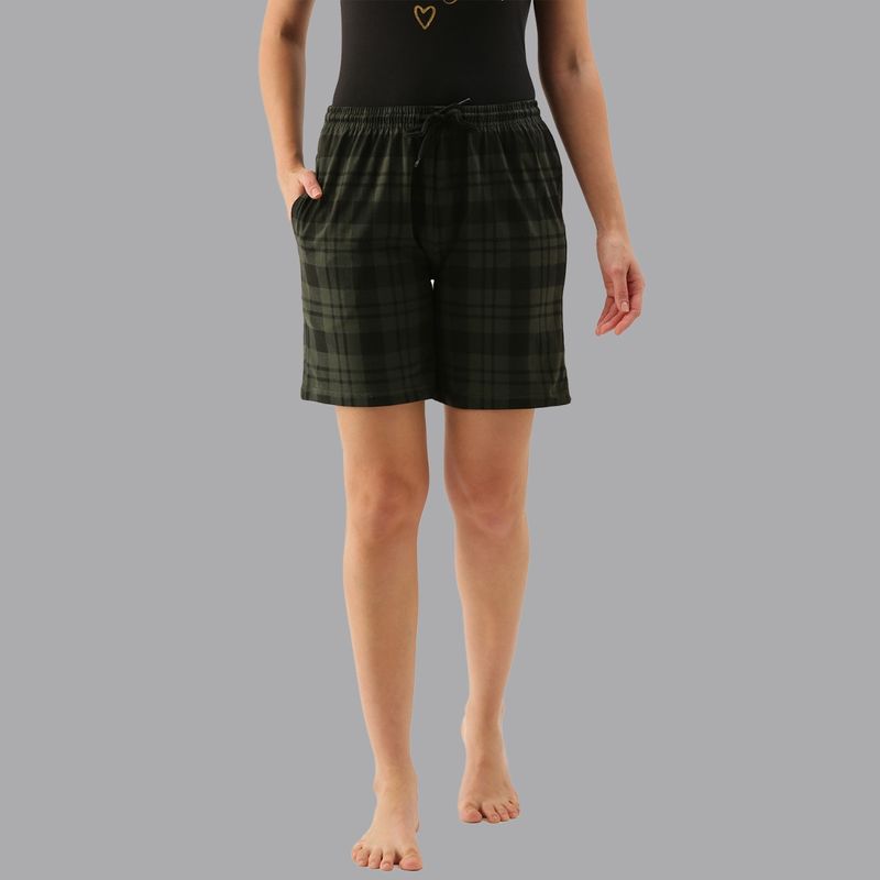 Kryptic Olive Lounge Shorts for Women, Has A Checked Pattern, Cotton Fabric (S)