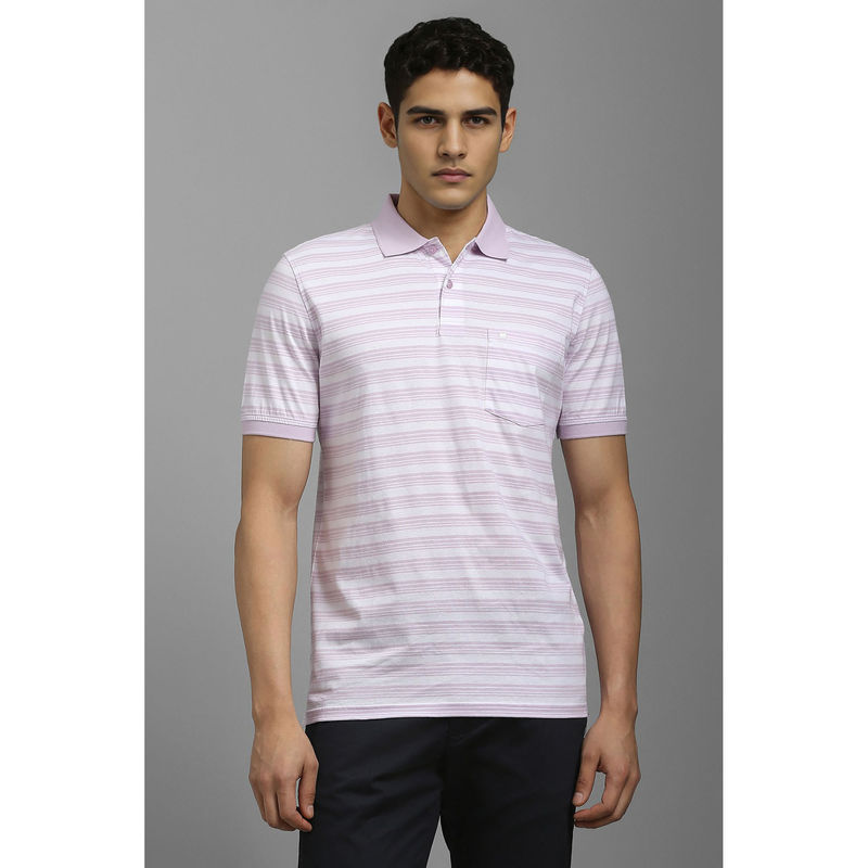 Louis Philippe Men Lilac Stripe Polo Neck T-Shirt (S)