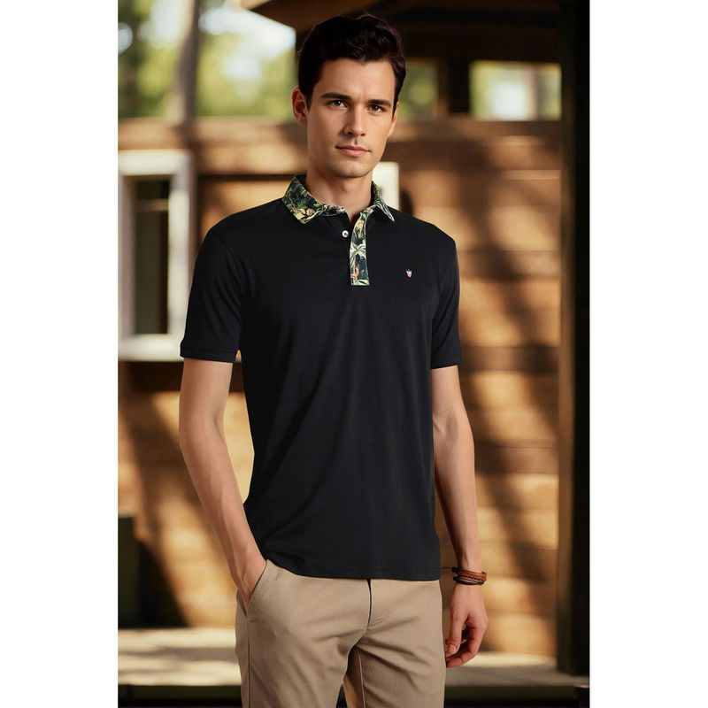 Louis Philippe Men Black Solid Polo Neck T-Shirt (XL)