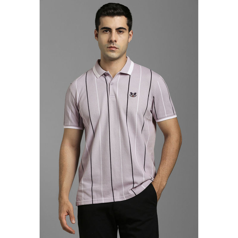 Louis Philippe Men Lilac Stripe Polo Neck T-Shirt (L)