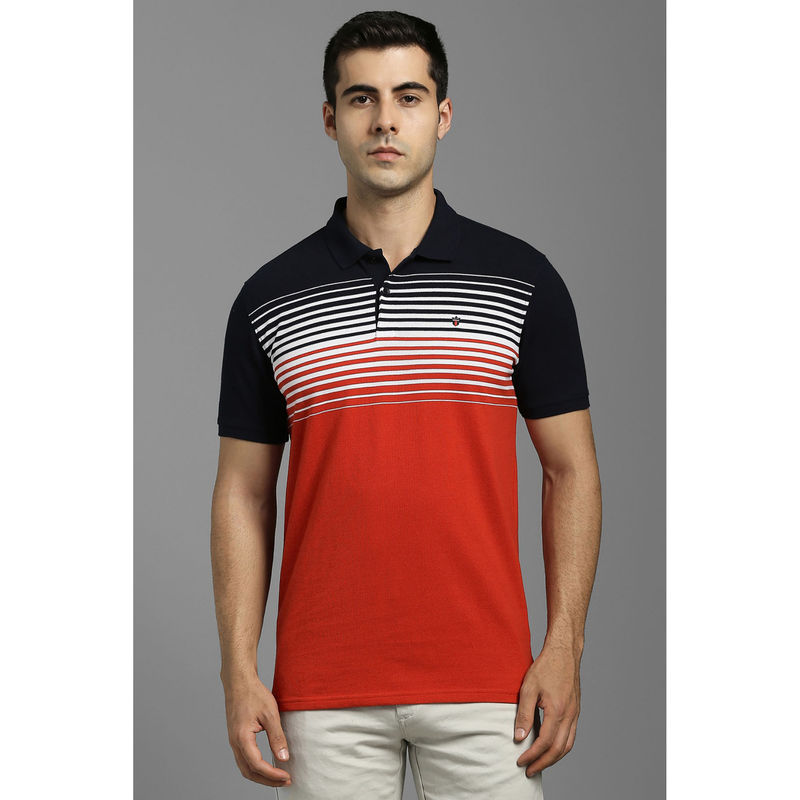 Louis Philippe Men Red Stripe Polo Neck T-Shirt (M)
