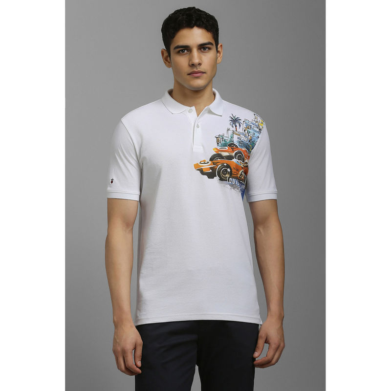 Louis Philippe Men White Graphic Print Polo Neck T-Shirt (2XL)