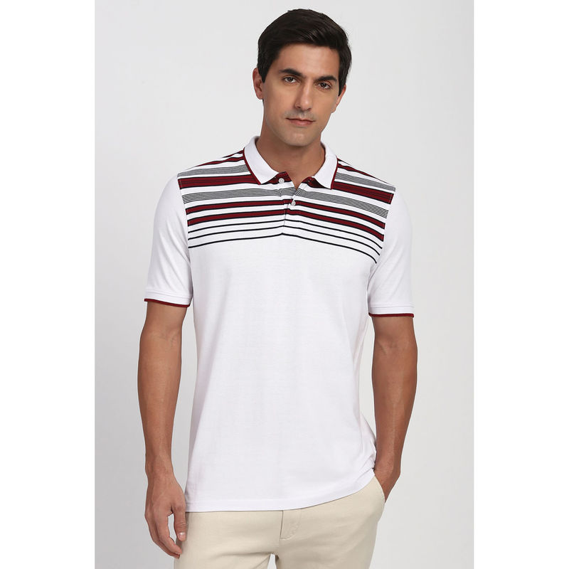 Peter England Men White Stripe Polo Neck T-Shirt (S)