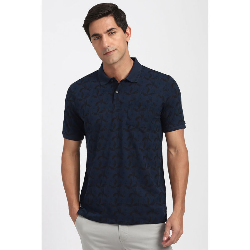Peter England Men Navy Print Polo Neck T-Shirt (S)
