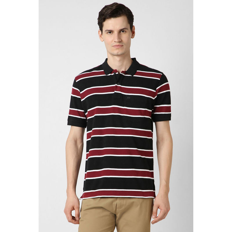 Peter England Men Black Stripe Polo Neck T-Shirt (S)