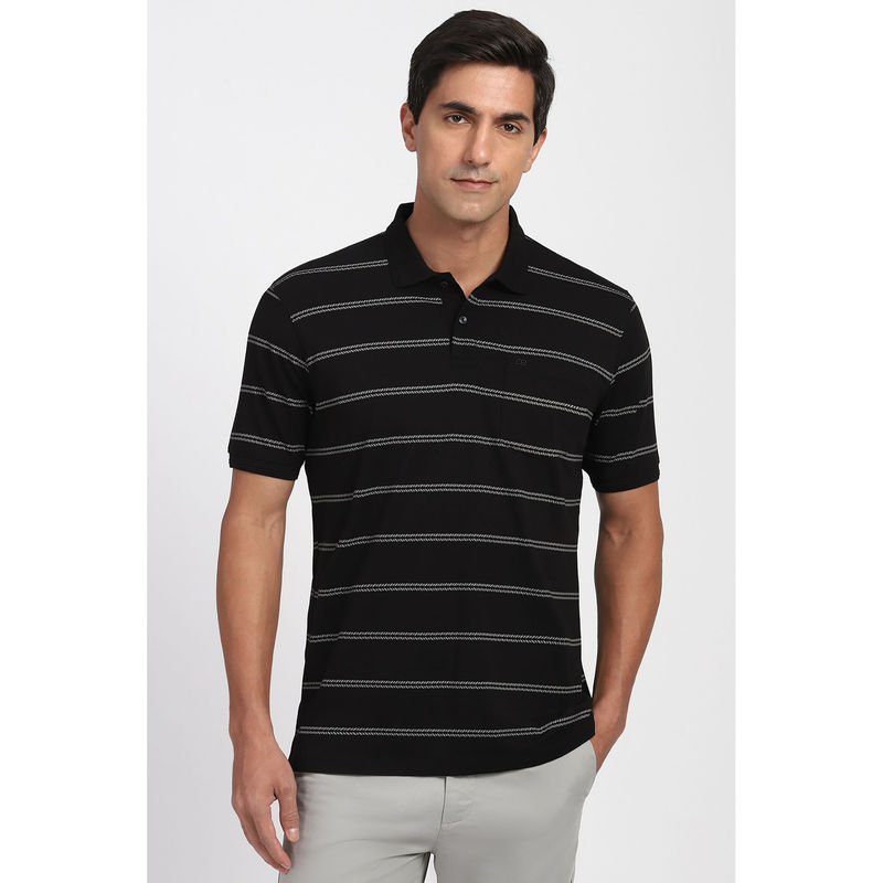 Peter England Men Black Stripe Polo Neck T-Shirt (M)