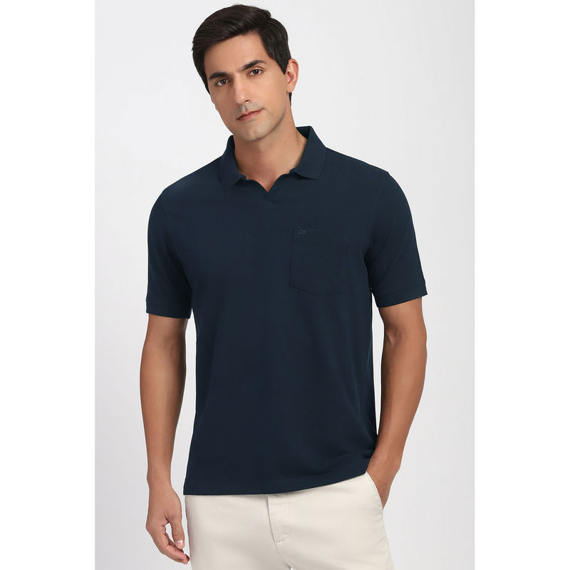 Peter England Men Navy Blue Textured Polo Neck T-Shirt (M)
