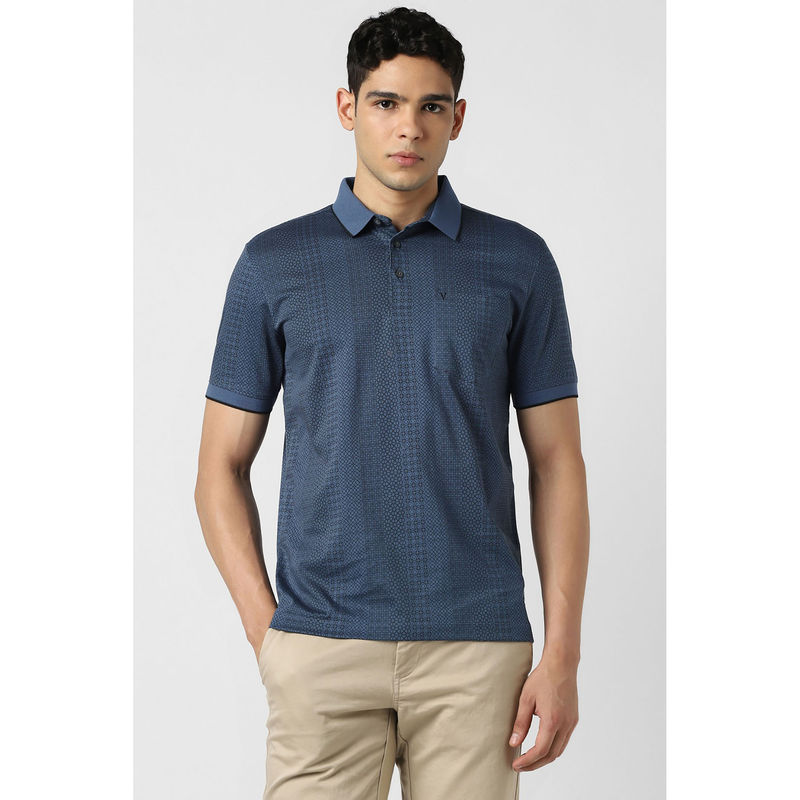 Van Heusen Men Blue Print Polo Neck T-Shirt (S)