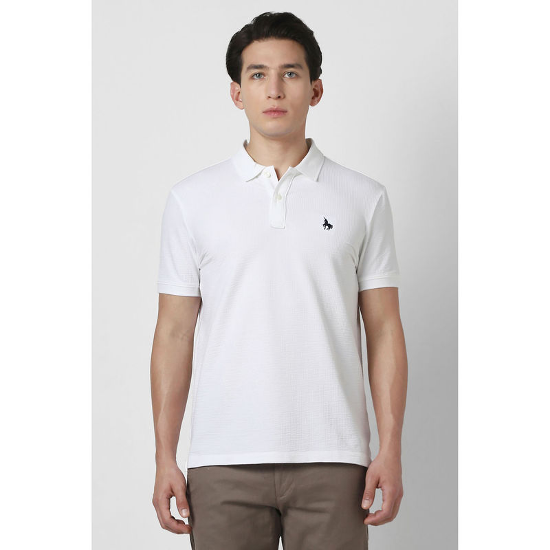 Van Heusen Men White Textured Polo Neck T-Shirt (S)
