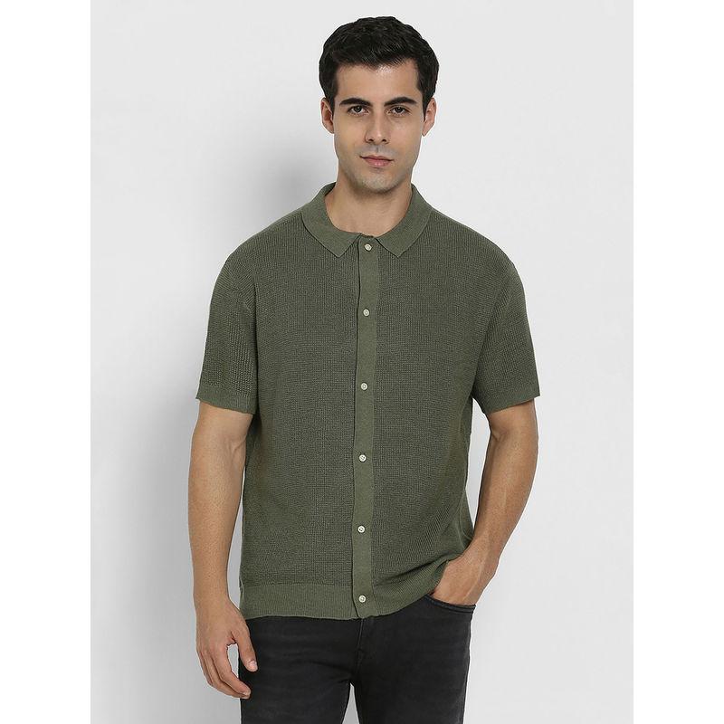 American Eagle Men Green Waffle Button-Up Shirt (XS)