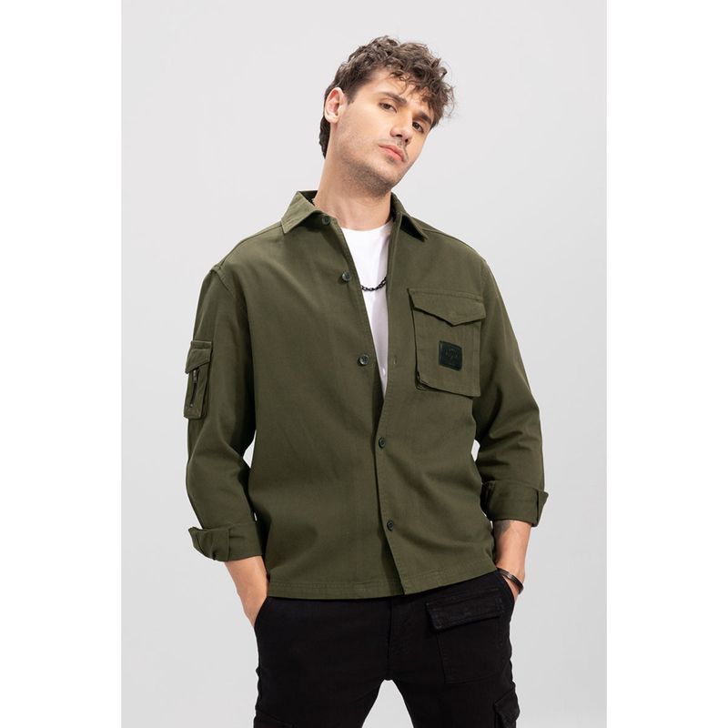 Snitch Olive Solid Full Sleeves Relaxed Casual Overshirt for Men (XL)