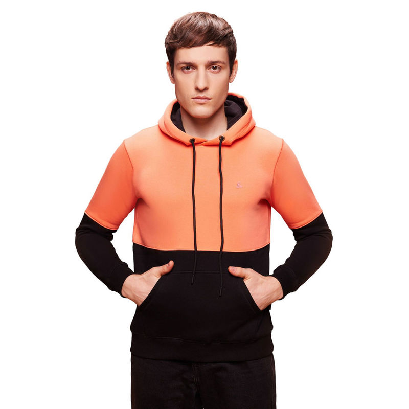 Bombay High Men Colorblock Patterned Orange & Black Knit Hoodie (S)