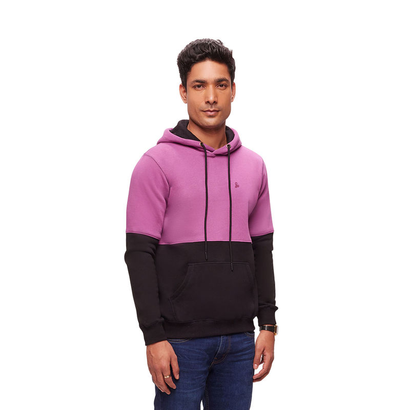 Bombay High Men Color Block Patterned Purple & Black Knit Hoodie (S)