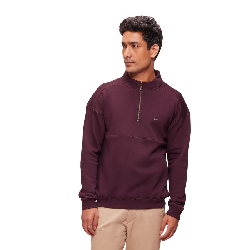Bombay High Men Solid Maroon Half Zip Knit Sweatshirt (S)