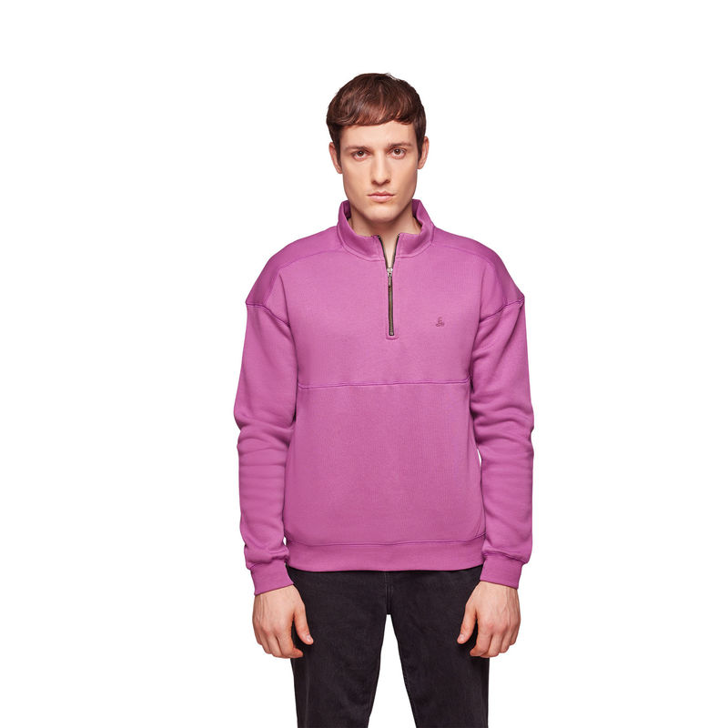 Bombay High Men Solid Purple Half Zip Knit Sweatshirt (S)