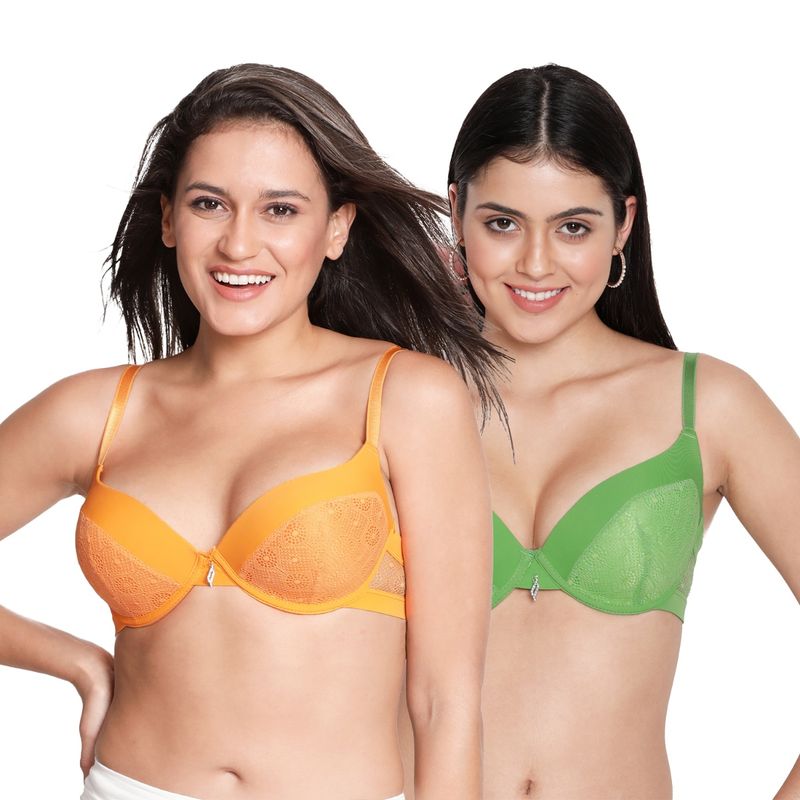 Shyaway Susie Demi Coverage Green Lace Under wired Padded Pushup Bra -Multicolor(Pack of 2) (30C)