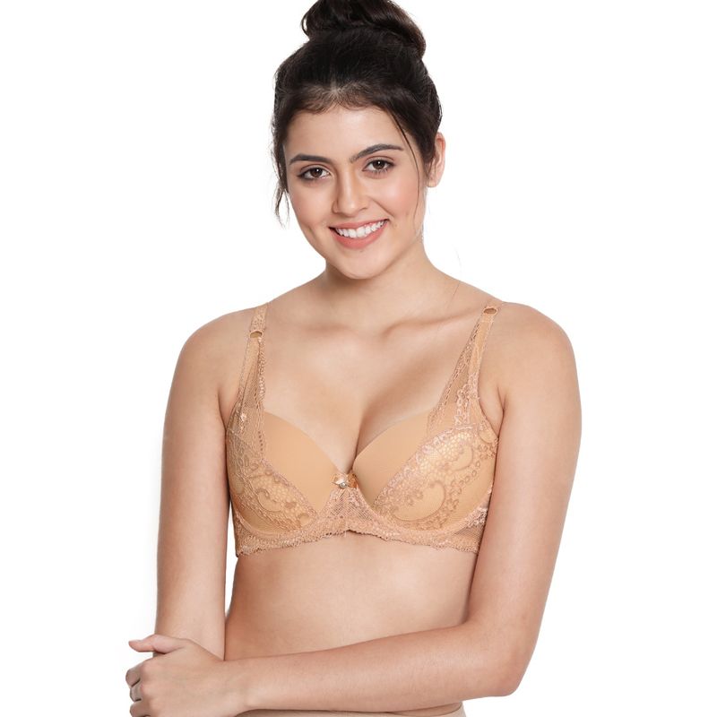 Shyaway Susie 3/4th Coverage Underwired Lace Strap Plunge Padded bra - Skin (34C)