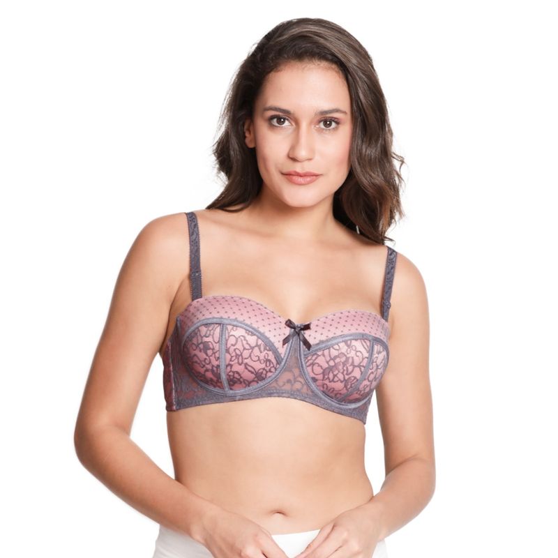 Shyaway Susie 3/4th Coverage Underwired Lace Overlay Balconette Padded Bra- Grey (28DD)