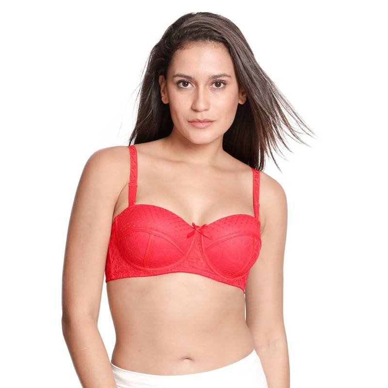 Shyaway Susie 3/4th Coverage Underwired Lace Overlay Balconette Padded Bra- Hot Red (30E)