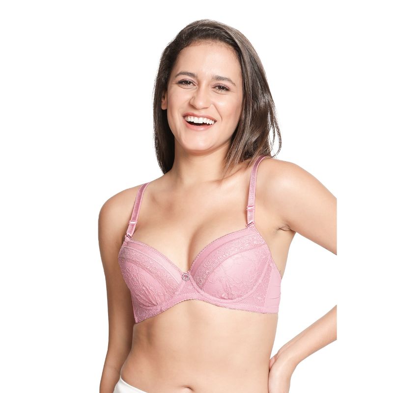 Shyaway Susie Demi-Coverage Underwired Full Lace Bridal Balconette Padded Bra -Pink (32C)