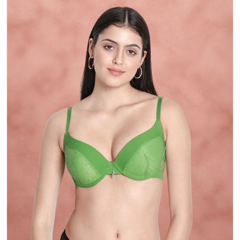 Shyaway Susie Demi Coverage Green Lace Under wired Padded Pushup Bra - Green (32D)