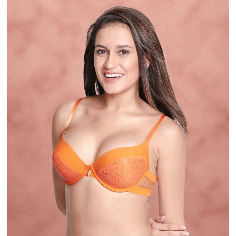 Shyaway Susie Demi Coverage Orange Lace Under wired Padded Pushup Bra - Orange (30C)