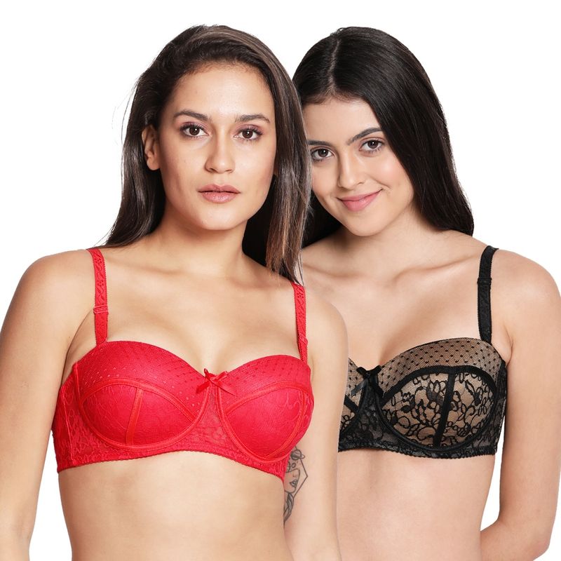 Shyaway Susie 3/4th Coverage Underwired Lace Balconette Padded Bra- Multicolor(Pack of 2) (30D)