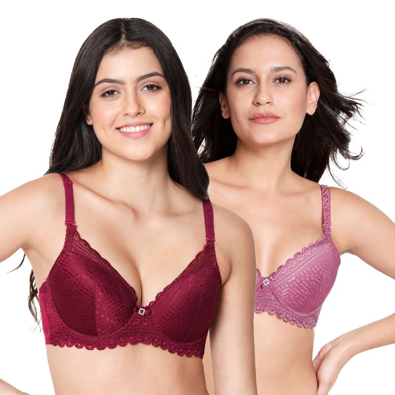 Shyaway Susie 3/4th Coverage Underwired Full Lace Padded Bra- Multicolor(Pack of 2) (32C)