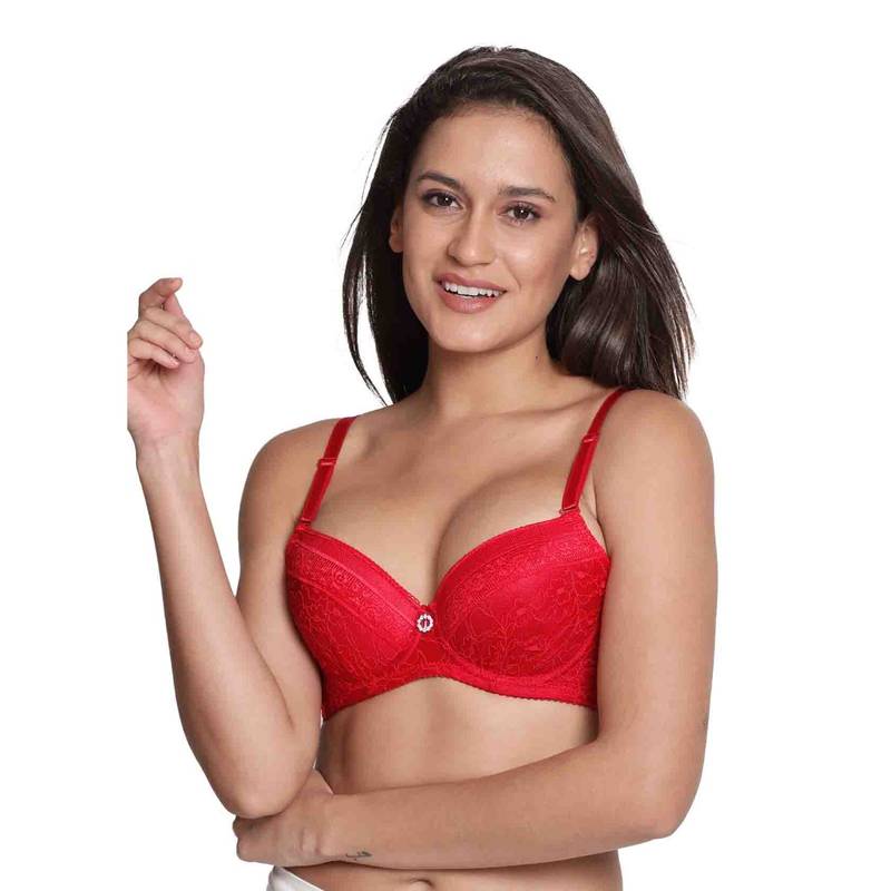 Susie Demi-Coverage Underwired Full Lace Bridal Balconette Padded Bra -Red (32C)