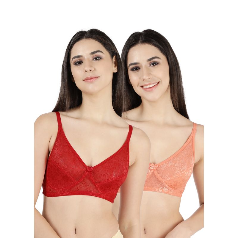 Shyaway Susie Womens Fiery Red & Peach Prafait Non Padded Wirefree Lace Bra (Pack of 2) (32D)