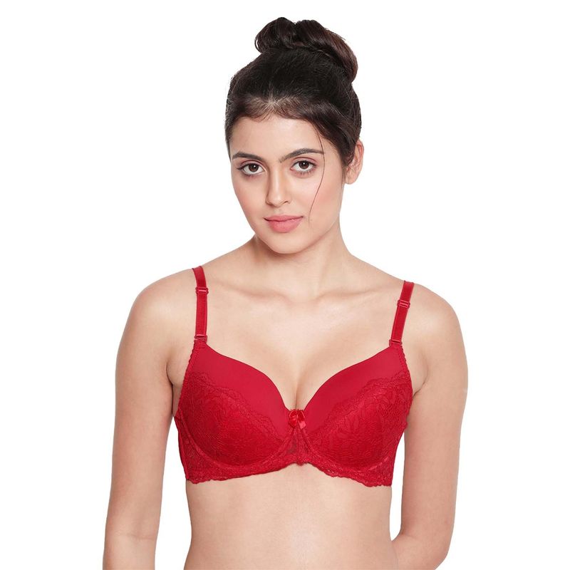 Shyaway Women Fiery Red Half Lace Cup Padded Wired Bra (32C)