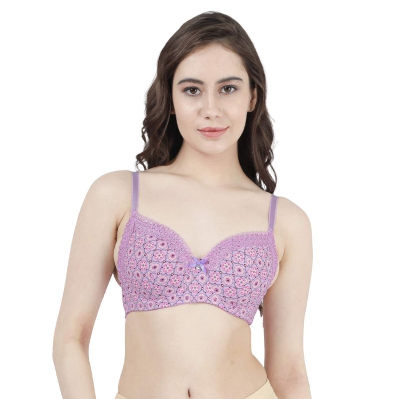 Shyaway Women Pastel Lilac Printed Lace Neckline Padded Wired Bra (32C)