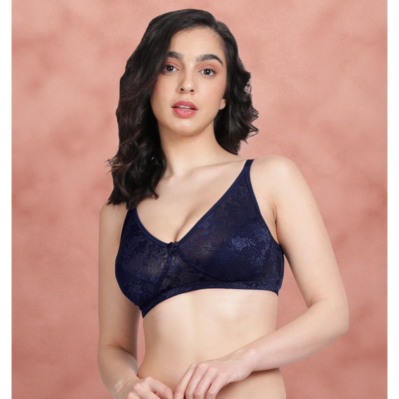 Shyaway Women Navy Blue Non Padded Wirefree Lace Bra (32B)