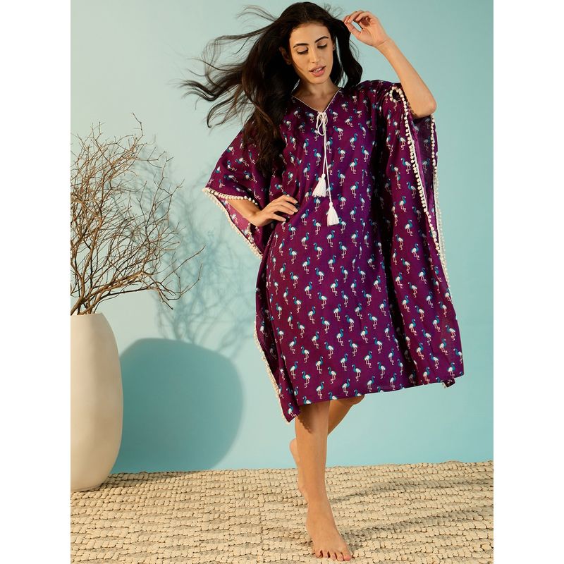 The Kaftan Company Purple Flamingo Short Cotton Kaftan (S)