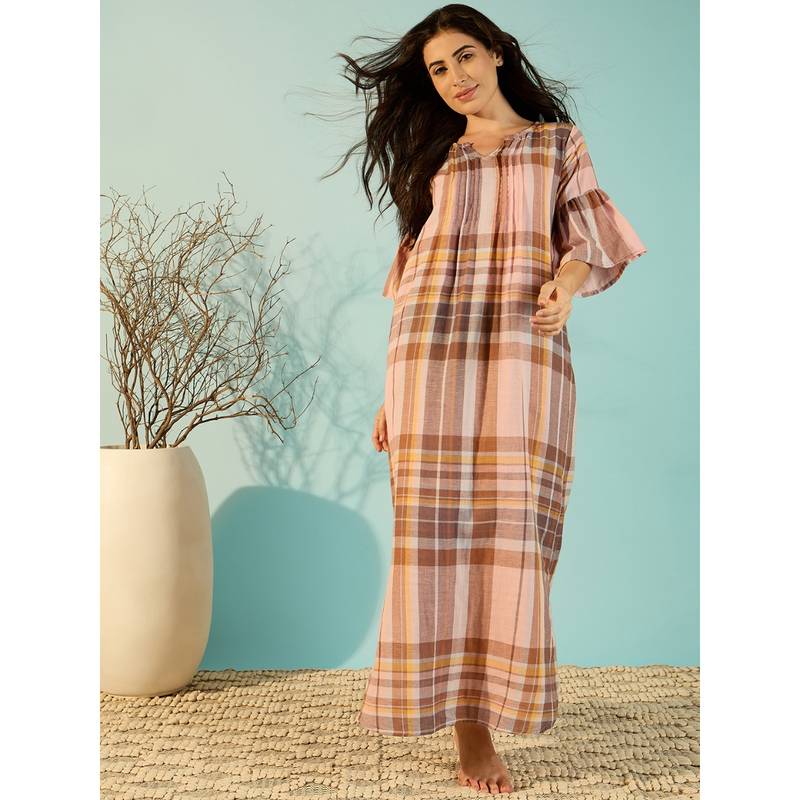 The Kaftan Company Rustic Checks Peach Cotton Nightdress (S)