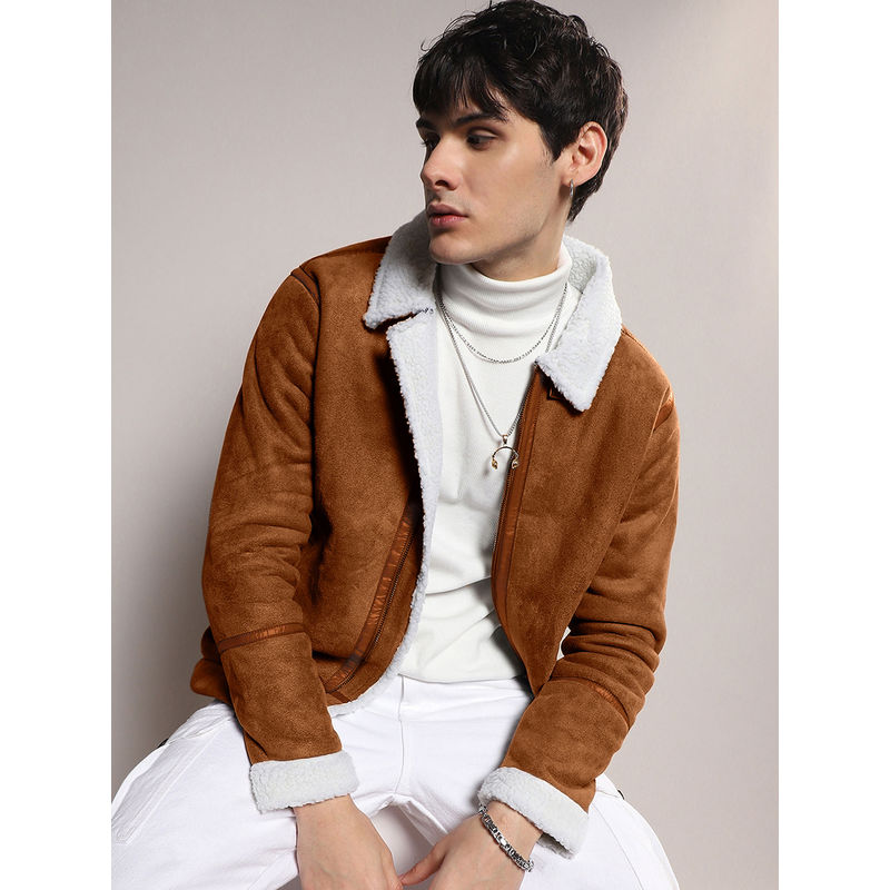 Campus Sutra Men's Brown and Chalk White Fleece Lined Biker Jacket (XL)