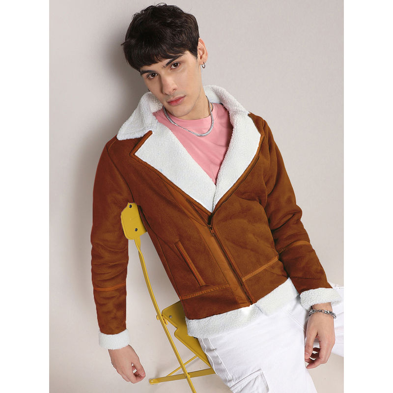 Campus Sutra Men's Icy Blue and Chalk White Fleece Lined Biker Jacket (XL)