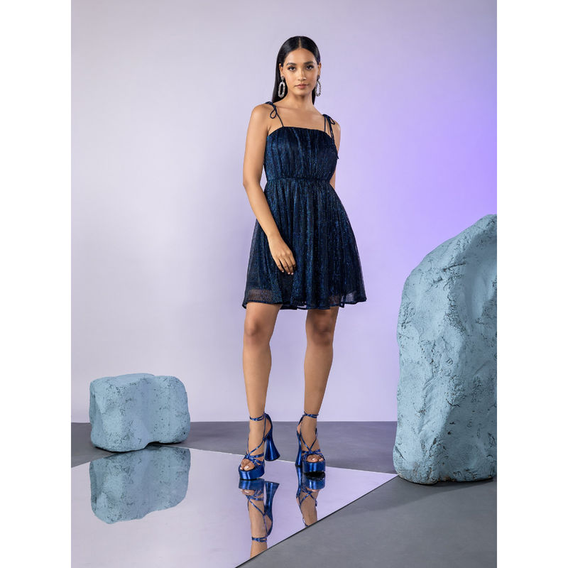 Twenty Dresses by Nykaa Fashion Blue Shimmer Tie Up Fit and Flare Short Dress (S)