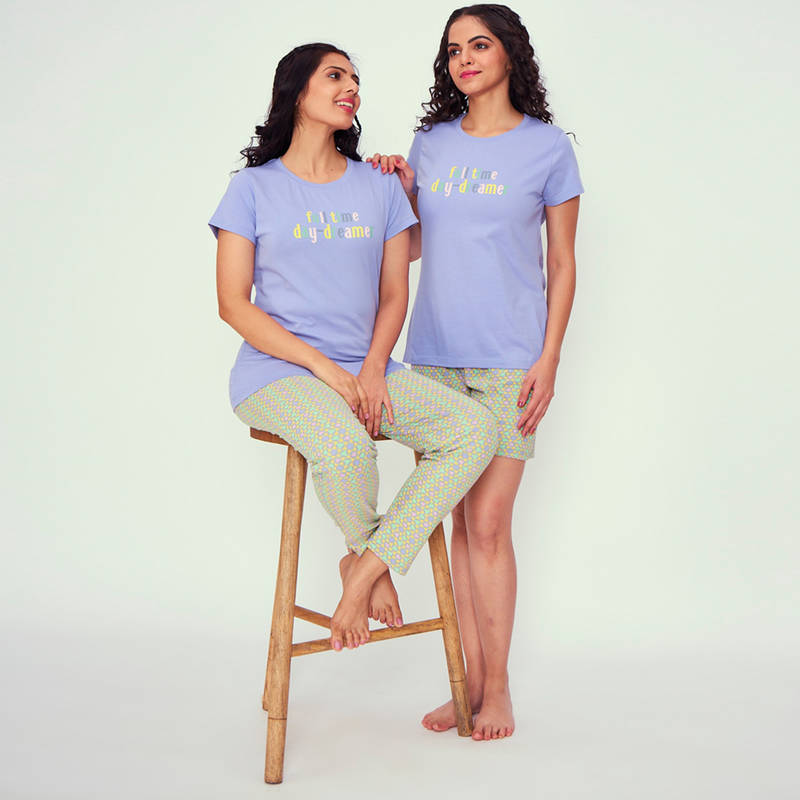 July Nightwear for Women Knit Cotton Lavender Top with Pyjama and Shorts - PC965 - Multi-Color (3XL)
