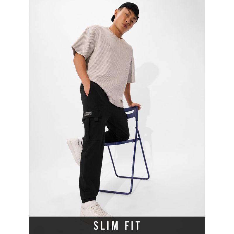 The Souled Store Solids: Jet Black Men Cargo Joggers (M)