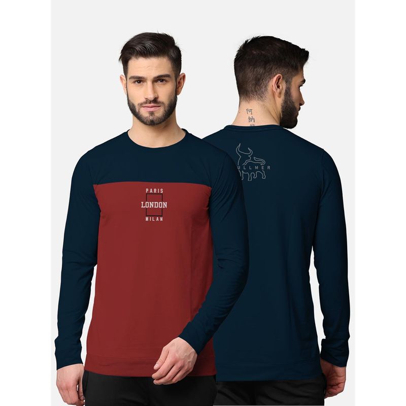 BULLMER Trendy Front & Back Colorblock Full Sleeve Tshirt For Men Navy