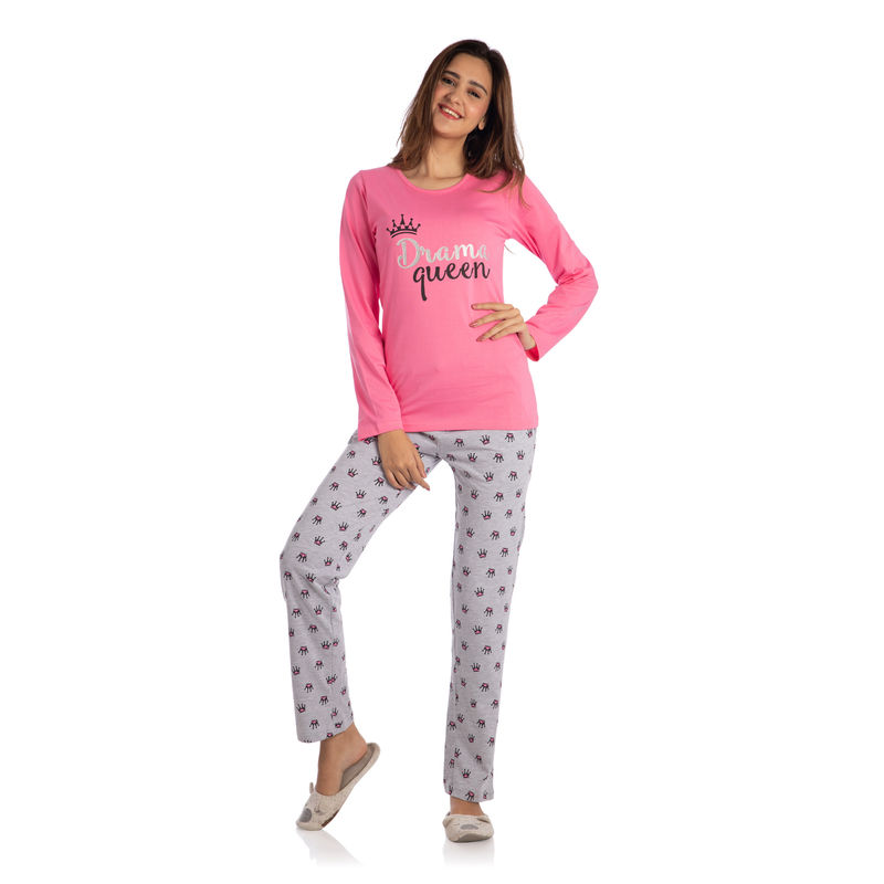 Nite Flite Women's Drama Queen Full Sleeve Cotton Pyjama Set - Multi-Color (L)