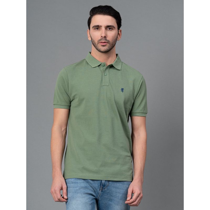Red Tape Sage Green Solid Cotton Polo Neck Mens T-Shirt (M)