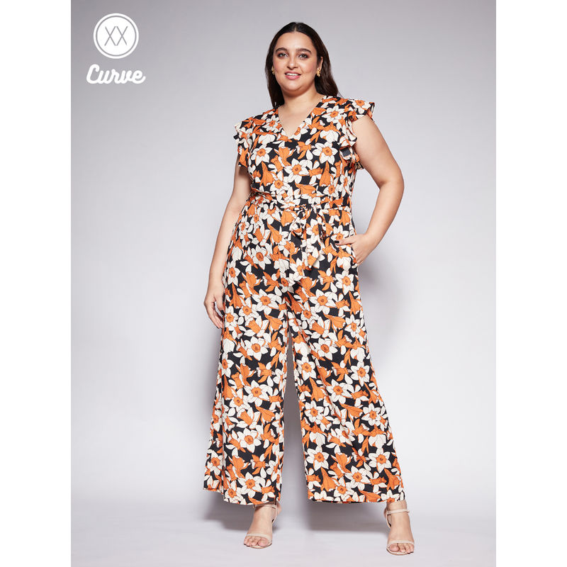 Twenty Dresses by Nykaa Fashion Curve Black and Rust Floral V Neck Wide Leg Work Jumpsuit (2XL)