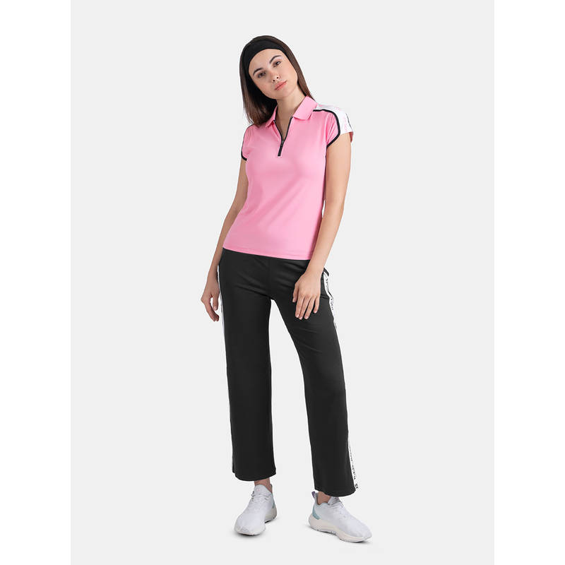 STRCH Pink Solid Slim Fit Cap Sleeve Polo T-Shirt (M)