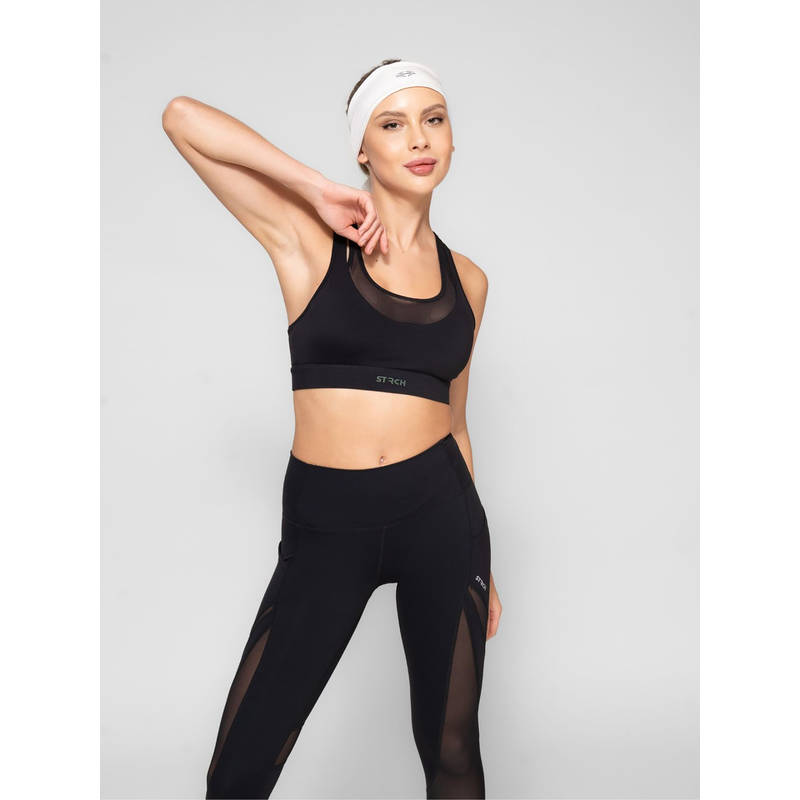 STRCH Black Solid Slim Fit Sleeveless Sports Bra (L)