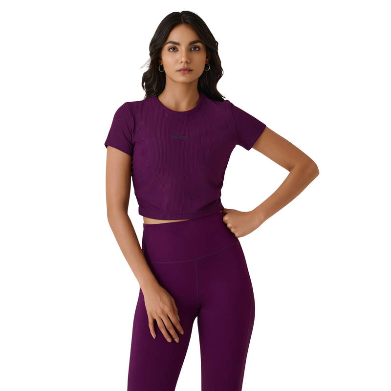 STRCH Midnight Purple Slim Fit Half Sleeve Playcore Ribbed Crop T-Shirt (L)